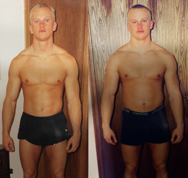 Before and after transformation photo of a male nutritionist and fitness coach showing muscle gain and increased size from following a bulking diet.